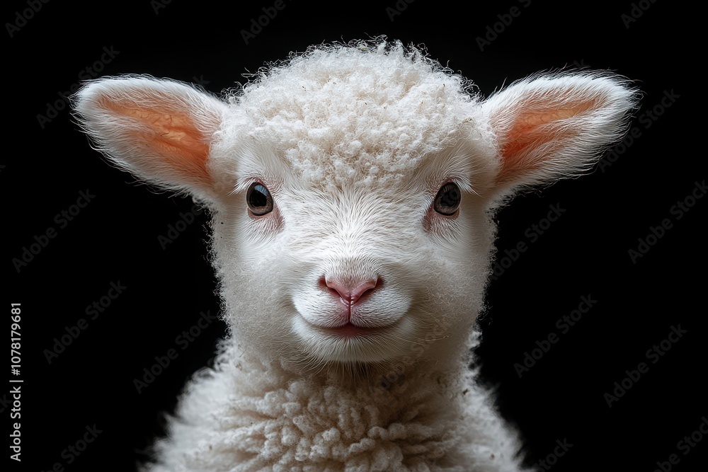 Fototapeta premium Cute baby lamb on a black background, emphasizing its delicate features.