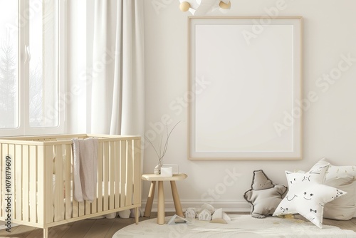 Simple mockup of a blank poster in a minimalist nursery