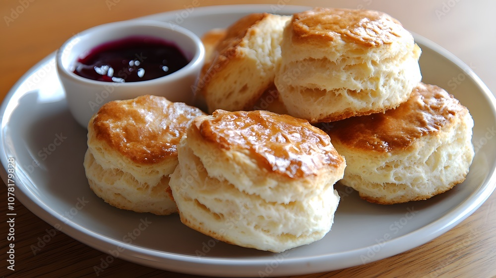 A serving of buttermilk biscuits, soft, flaky biscuits served with butter and jam.


