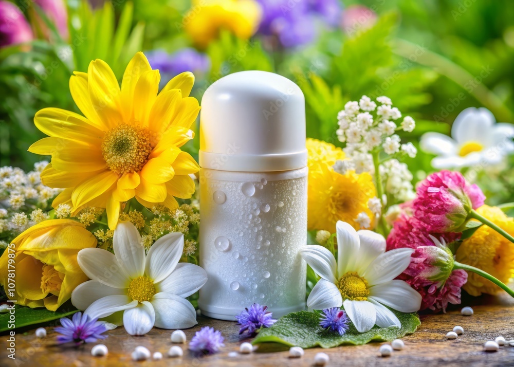 A Fresh Spring Scene Featuring a White and Yellow Deodorant Stick Nestled Among Vibrant Flowers with Glimmering Water Droplets for a Refreshing and Natural Look A Fresh Spring Scene Featuring a White and Yellow Deodorant Stick Nestled Among Vibrant Flowers with Glimmering Water Droplets for a Refreshing and Natural Look