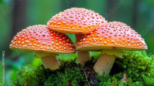 Vibrant orange-capped mushrooms growing in the forest on moss-covered floor