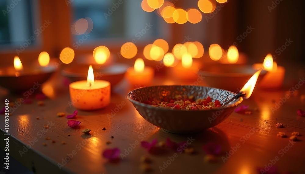 Softly lit candles and decorative lights add warmth to the celebration of Guru Nanak Jayanti Softly lit candles and decorative lights add warmth to the celebration of Guru Nanak Jayanti