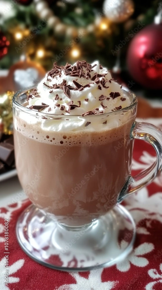 Savor a warm cup of hot chocolate with whipped cream and chocolate, surrounded by holiday cheer Savor a warm cup of hot chocolate with whipped cream and chocolate, surrounded by holiday cheer