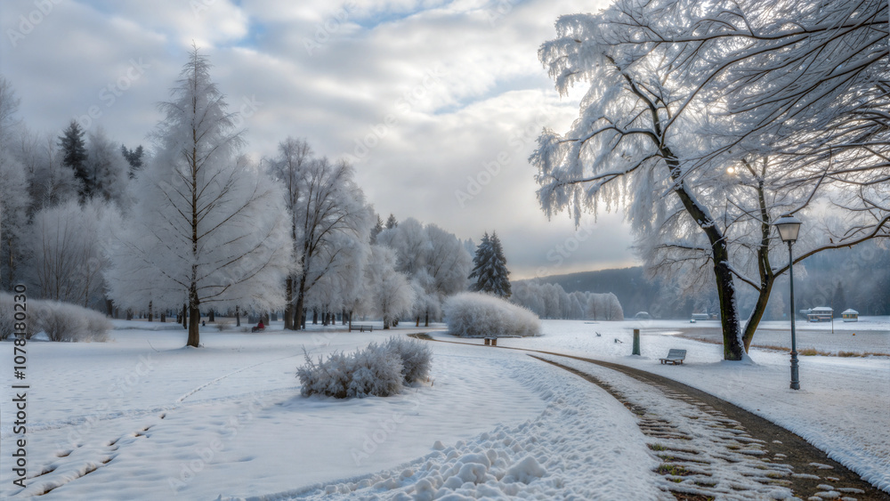 Scenic winter pathway through frosted trees and a snowy landscape Scenic winter pathway through frosted trees and a snowy landscape