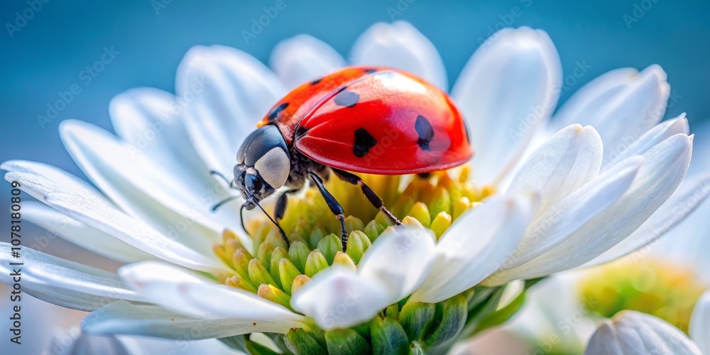 A Stunning Close-Up of a Ladybug Resting on a Delicate White Flower, Showcasing Its Vibrant Red and Black Shell Against Soft, Ethereal Petals in Nature's Beauty A Stunning Close-Up of a Ladybug Resting on a Delicate White Flower, Showcasing Its Vibrant Red and Black Shell Against Soft, Ethereal Petals in Nature's Beauty