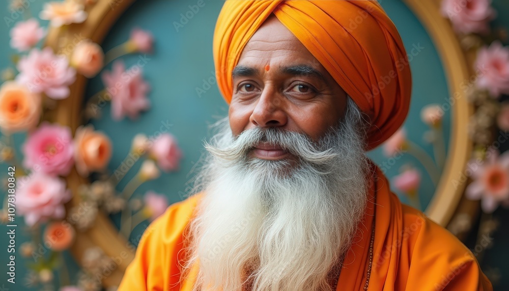 Sacred portrayal of Guru Nanak Dev Ji with a delicate floral frame honoring his divine teachings Sacred portrayal of Guru Nanak Dev Ji with a delicate floral frame honoring his divine teachings