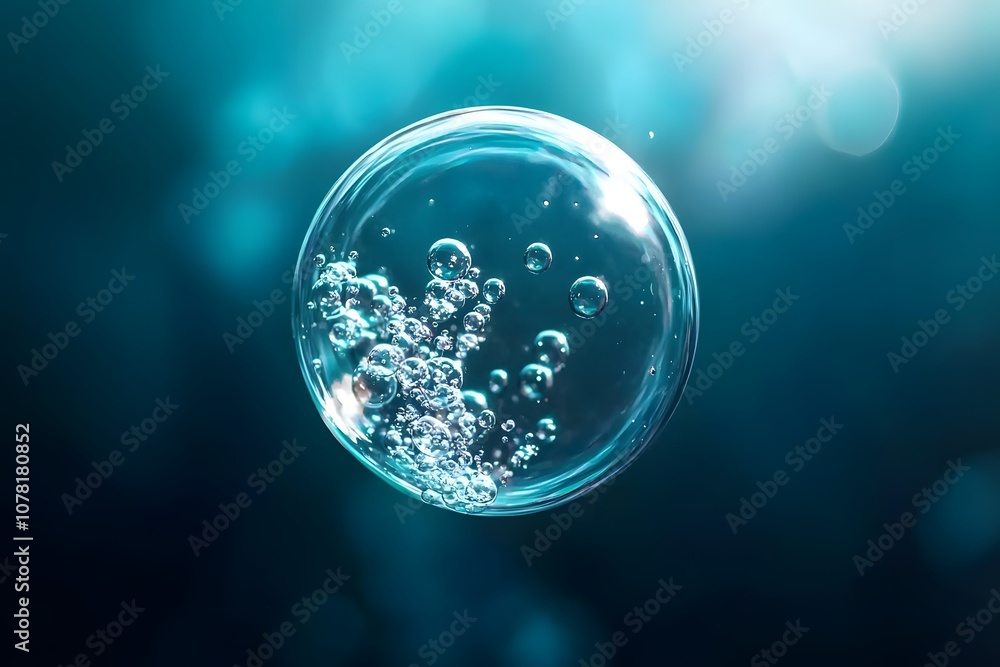 Stunning Close-Up of a Single Bubble Underwater with Rising Air Bubbles, Artful Composition Highlighting Light Reflections and Soft Blue Tones in the Background Stunning Close-Up of a Single Bubble Underwater with Rising Air Bubbles, Artful Composition Highlighting Light Reflections and Soft Blue Tones in the Background