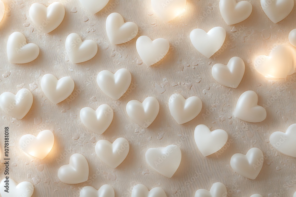White hearts with soft glowing edges scattered on a beige gradient background. White hearts with soft glowing edges scattered on a beige gradient background.