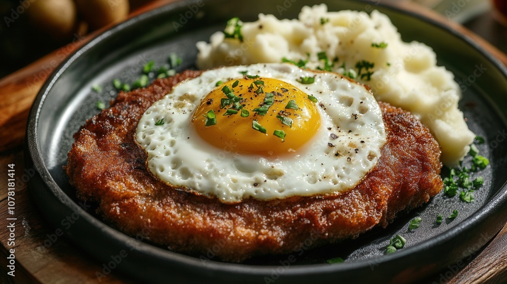Crispy Fried Pork Schnitzel with Fried Egg and Mashed Potatoes Crispy Fried Pork Schnitzel with Fried Egg and Mashed Potatoes