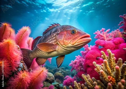 Grouper in pink coral, vibrant reef scene. Rule of thirds composition. Underwater. Fish and coral.