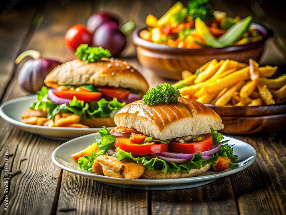 A Visual Comparison of Healthy Eating: A Tilt-Shift Photography Image of a Plate with Salmon and Vegetables Against a Plate of Fries and a Fatty Burger A Visual Comparison of Healthy Eating: A Tilt-Shift Photography Image of a Plate with Salmon and Vegetables Against a Plate of Fries and a Fatty Burger