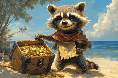 A cute raccoon wearing a red bandana stands by a treasure chest full of gold coins on a sandy beach. photo