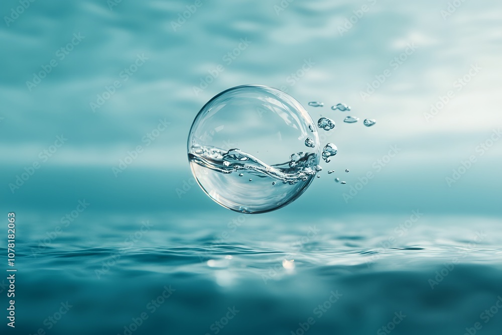 Captivating Crystal Clear Water Bubble Floating Above Serene Aqua Surface with Ripples and Gentle Blue Tones in an Ethereal Oceanic Atmosphere Captivating Crystal Clear Water Bubble Floating Above Serene Aqua Surface with Ripples and Gentle Blue Tones in an Ethereal Oceanic Atmosphere