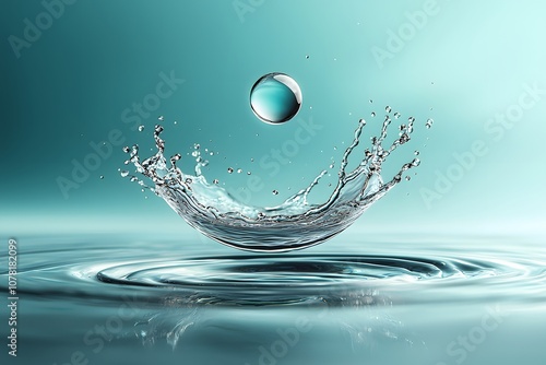 Capture of a graceful water droplet creating a splash on a tranquil surface, showcasing elegance and beauty in liquid motion under soft lighting conditions photo