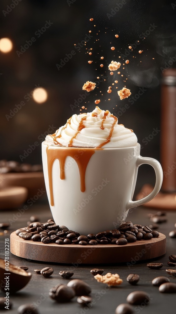 Steaming caramel macchiato surrounded by coffee beans and drizzle, representing coffee break. Steaming caramel macchiato surrounded by coffee beans and drizzle, representing coffee break.
