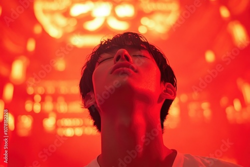 Man under intense red light in a moment of contemplation photo