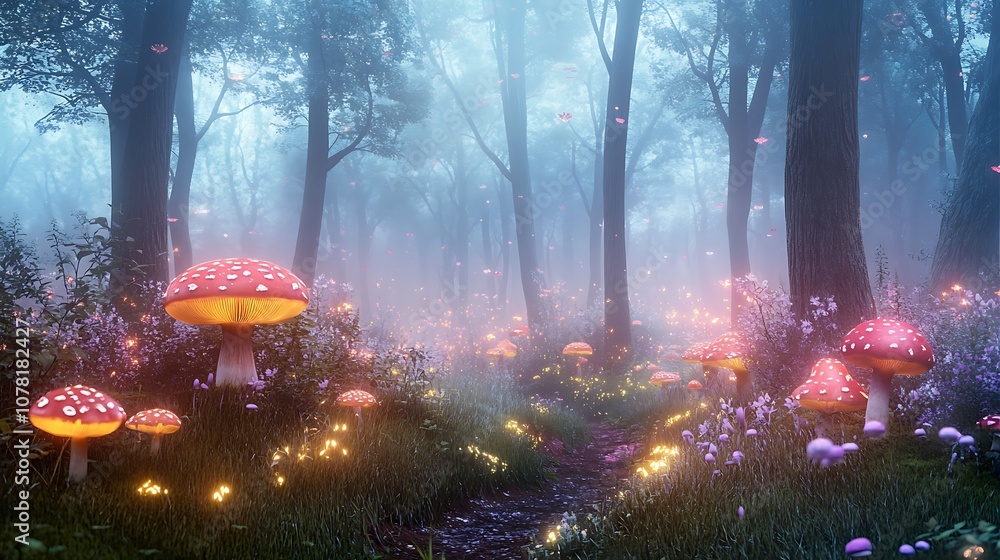 Magical anime forest with tall trees, glowing mushrooms, and mystical fog Magical anime forest with tall trees, glowing mushrooms, and mystical fog