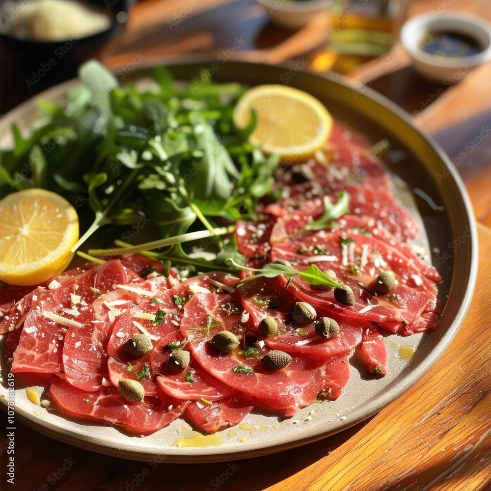 Sliced beef carpaccio with arugula, capers, and lemon on a plate under natural light Sliced beef carpaccio with arugula, capers, and lemon on a plate under natural light