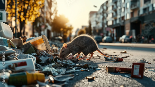 Close-up of a rat foraging for food among scattered litter on an urban street at sunset