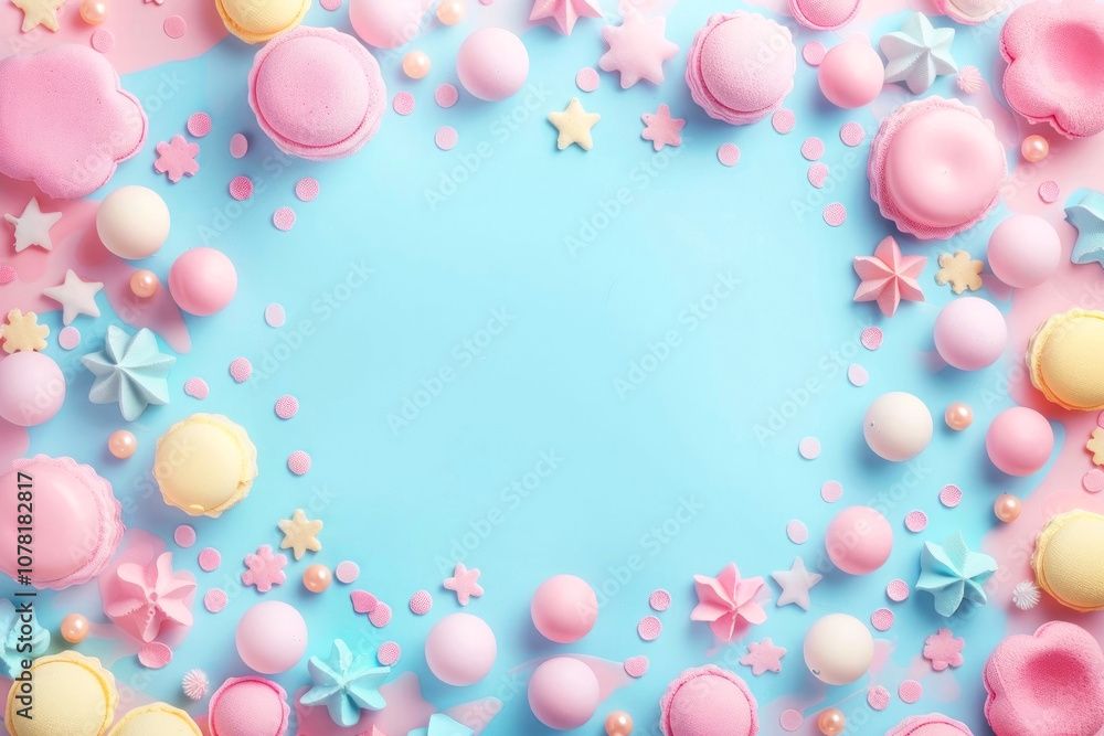This is a pastel-themed artwork featuring an array of colorful and charming sweets such as macaroons and candies This is a pastel-themed artwork featuring an array of colorful and charming sweets such as macaroons and candies