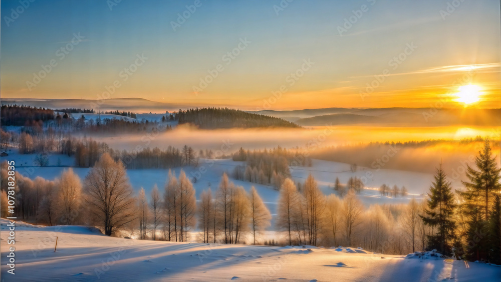 Stunning city skyline at sunset with frosted trees and misty valley below Stunning city skyline at sunset with frosted trees and misty valley below