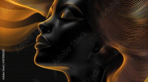 Elegant Black Woman Profile with Golden Abstract Hair Lines Art