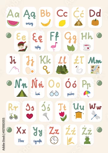 Obraz Polski alfabet dla dzieci, plakat ręcznie malowany, nauka polskiego, edukacja domowa, beżowe kolory, nauka liter, nauka pisania, 