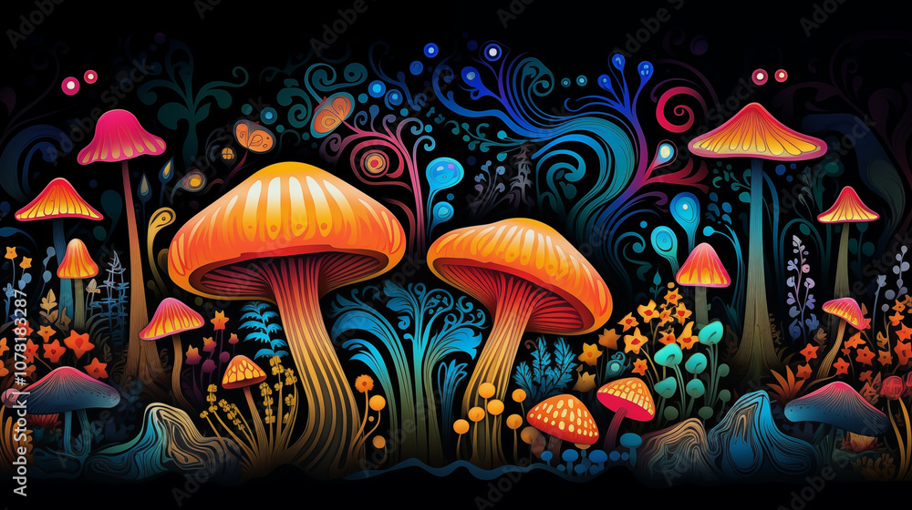 Fototapeta premium Psychedelic mushroom forest with colorful foliage on black