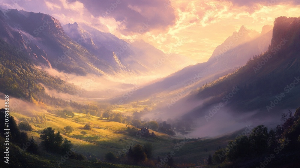 Fototapeta premium Majestic mountain valley bathed in warm golden sunlight, with mist swirling through the valleys and trees.