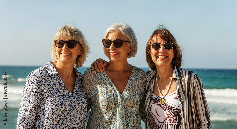 Three smiling women enjoying a sunny day at the beach in stylish outfits. Vacations concept. Generated AI Three smiling women enjoying a sunny day at the beach in stylish outfits. Vacations concept. Generated AI