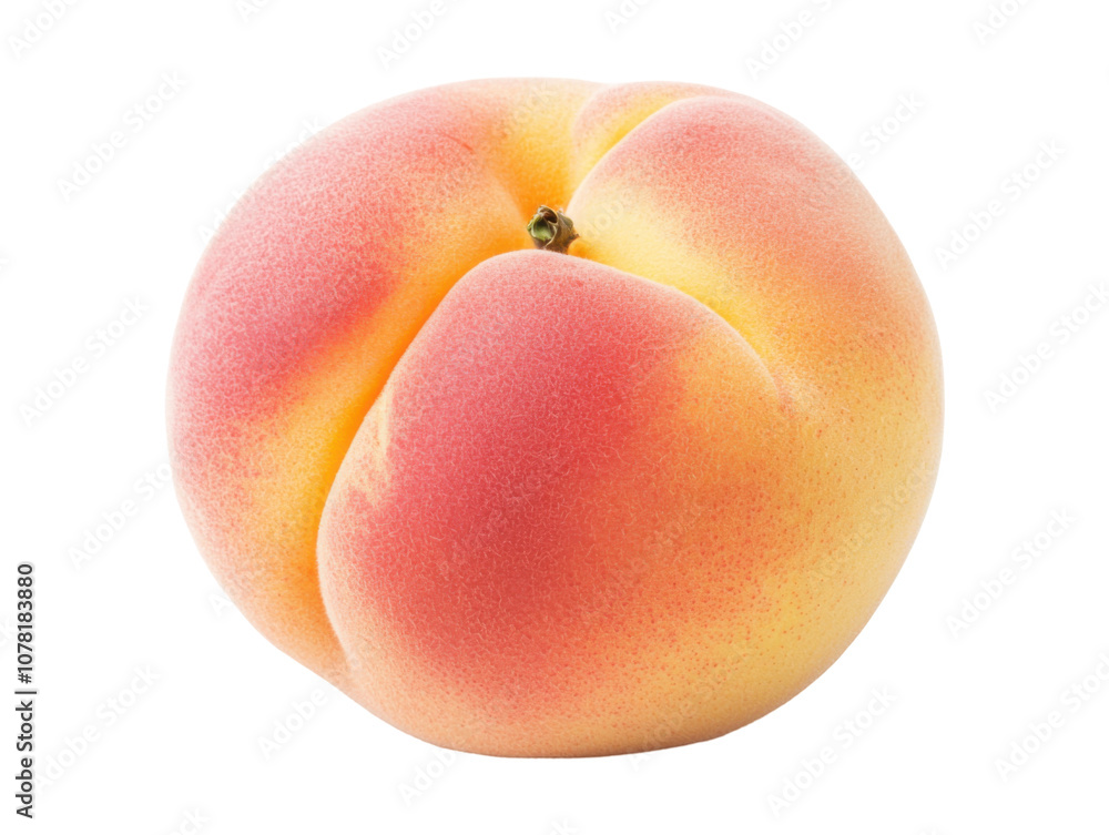A ripe peach with a soft, velvety skin, exhibiting shades of yellow and pink, representing freshness and juiciness. Transparent background. A ripe peach with a soft, velvety skin, exhibiting shades of yellow and pink, representing freshness and juiciness. Transparent background.