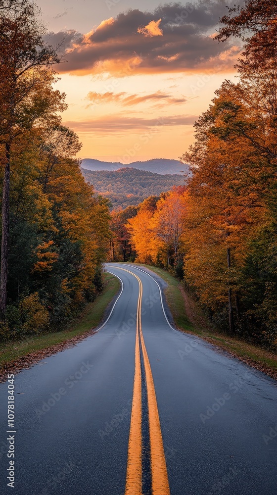 Serene sunset view of winding road through lush green hills for travel photography Serene sunset view of winding road through lush green hills for travel photography