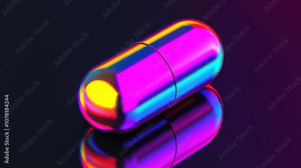 A shiny, colorful capsule reflecting light on a dark surface. A shiny, colorful capsule reflecting light on a dark surface.