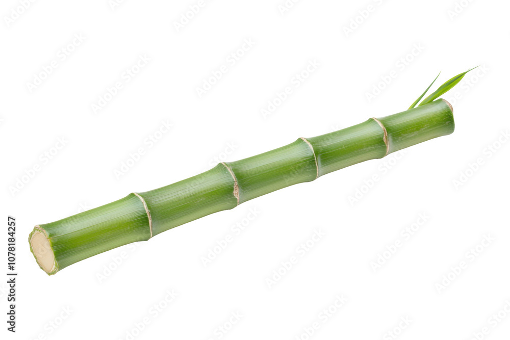 Fototapeta premium A single, green bamboo stalk with segmented nodes and a small shoot. Transparent background.
