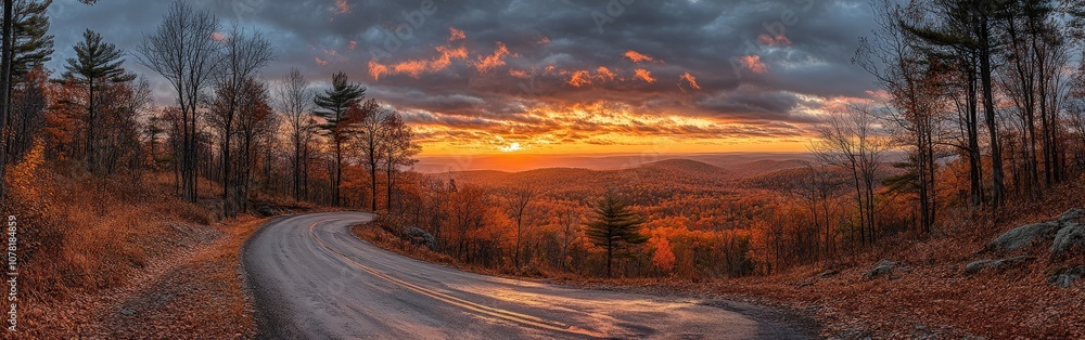 Serene sunset view of winding road through lush green hills for travel photography Serene sunset view of winding road through lush green hills for travel photography