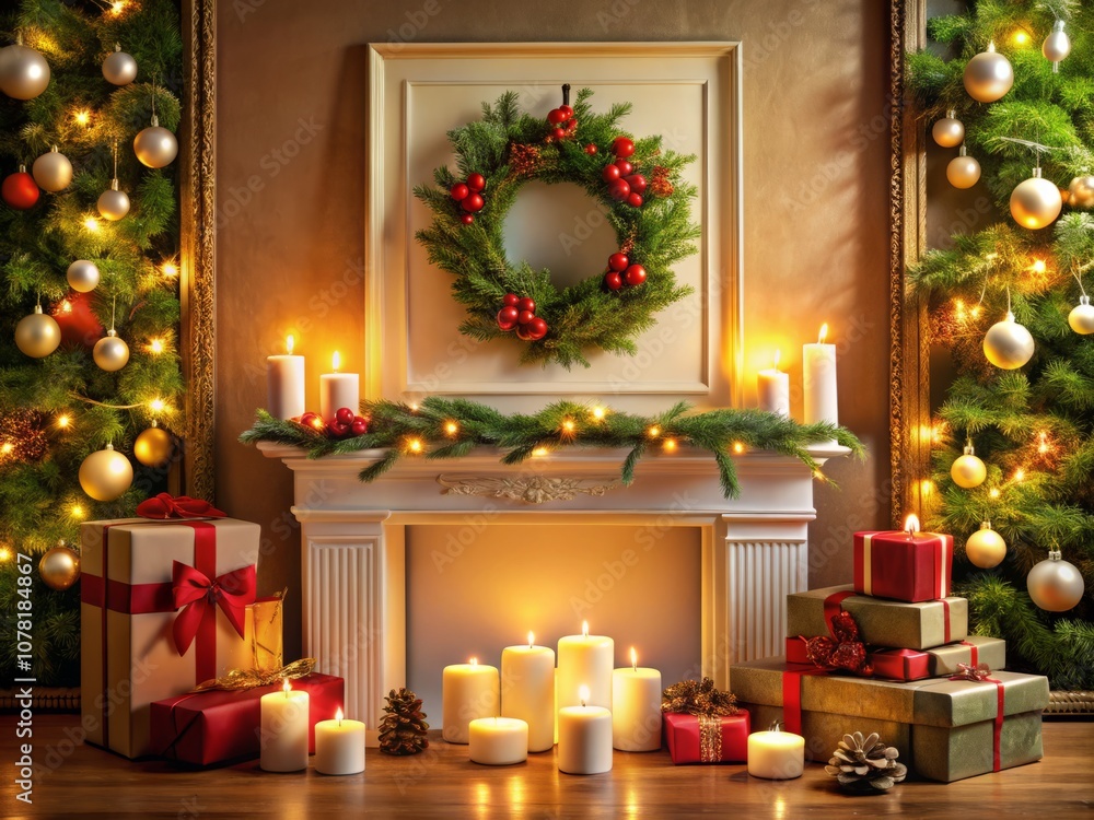 Blank White Canvas Frame on a Fireplace Mantle Decorated with Christmas Ornaments, Pine Garland, Candles, and Presents in a Cozy Low Light Setting Blank White Canvas Frame on a Fireplace Mantle Decorated with Christmas Ornaments, Pine Garland, Candles, and Presents in a Cozy Low Light Setting