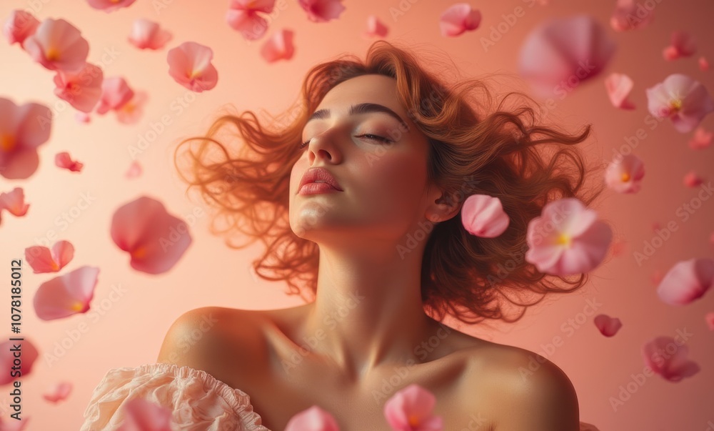 Young woman amidst pink flower petals Young woman amidst pink flower petals