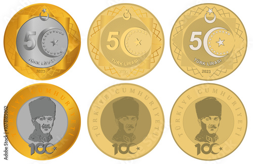 turkish 5 liras, turkish coin hand drawn set vector
