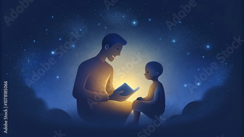 Wallpaper Mural Silhouette of Father Reading Bedtime Story to Child, Soft Glow of Stars in Background, Representing Wisdom and Care, Emotional Connection.
 Torontodigital.ca