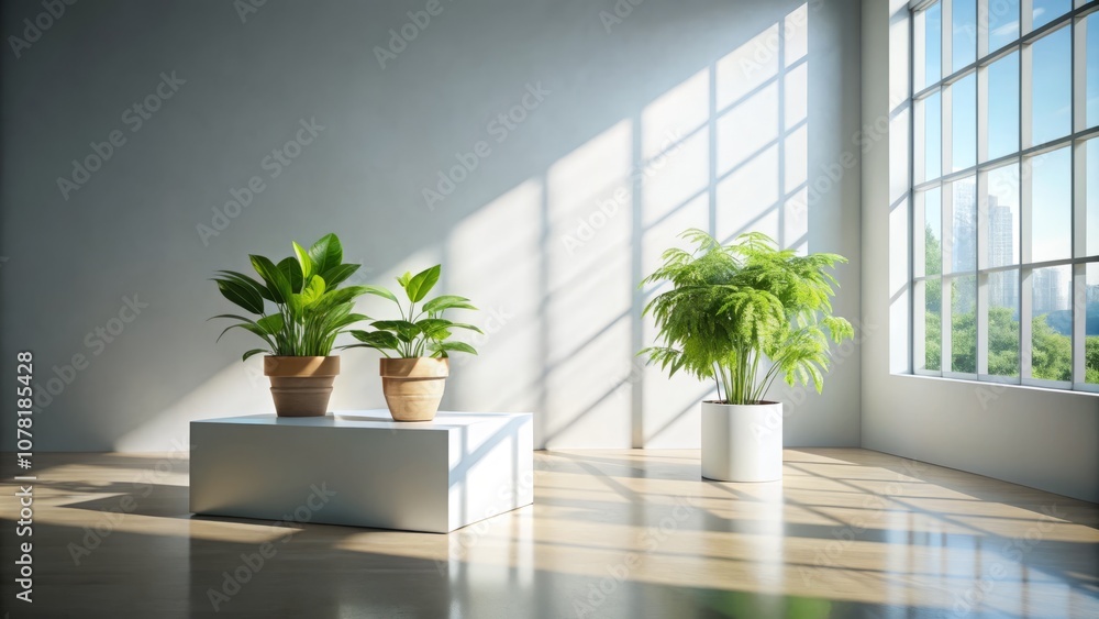 Bright and Airy Interior Scene Featuring a White Podium with a Potted Plant, Sunlight Streaming Through a Window, Creating a Warm and Inviting Atmosphere Bright and Airy Interior Scene Featuring a White Podium with a Potted Plant, Sunlight Streaming Through a Window, Creating a Warm and Inviting Atmosphere