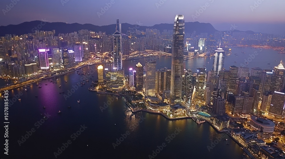 Naklejka premium An aerial view of a modern city skyline at night with tall skyscrapers and a harbor with boats.