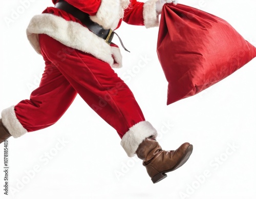 Santa Claus on the run to delivery christmas gifts isolated on white background