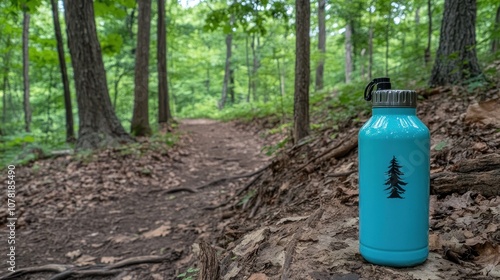 A turquoise water bottle sits on a trail in a lush green forest.