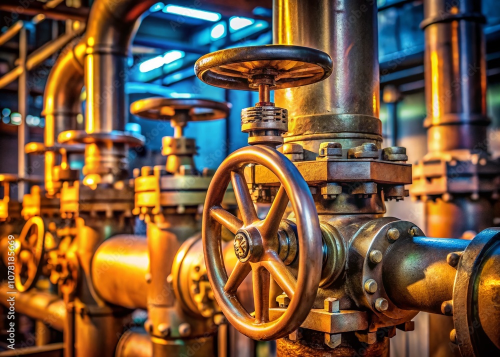 Sharp focus reveals intricate steam valve piping in industrial setting. Sharp focus reveals intricate steam valve piping in industrial setting.