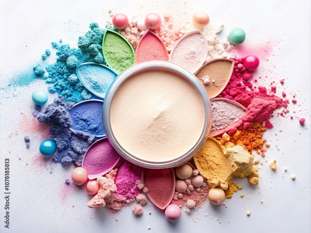 Sleek round dish showcases crushed white powder cosmetics, embodying a minimalistic beauty concept perfect for makeup Sleek round dish showcases crushed white powder cosmetics, embodying a minimalistic beauty concept perfect for makeup