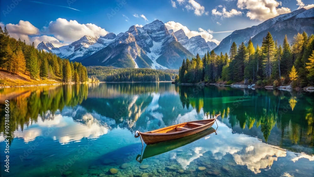 Still water reflects a wooden boat, mirroring serenity on a tranquil mountain lake. Still water reflects a wooden boat, mirroring serenity on a tranquil mountain lake.