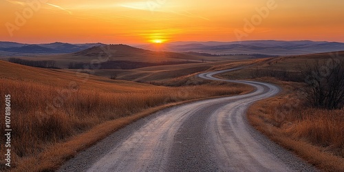 Serene sunset view of winding road through lush green hills for travel photography