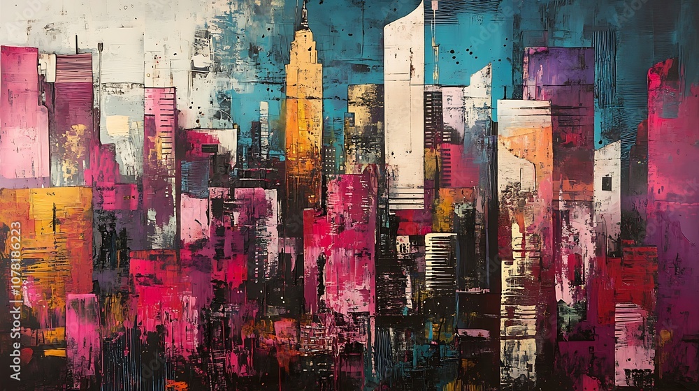 Abstract painting of a cityscape with vibrant colors and geometric shapes. Abstract painting of a cityscape with vibrant colors and geometric shapes.