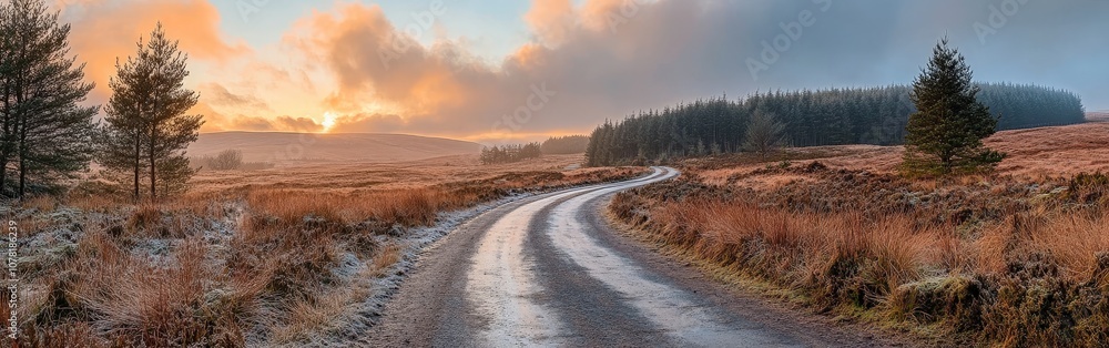 Serene sunset view of winding road through lush green hills for travel photography Serene sunset view of winding road through lush green hills for travel photography
