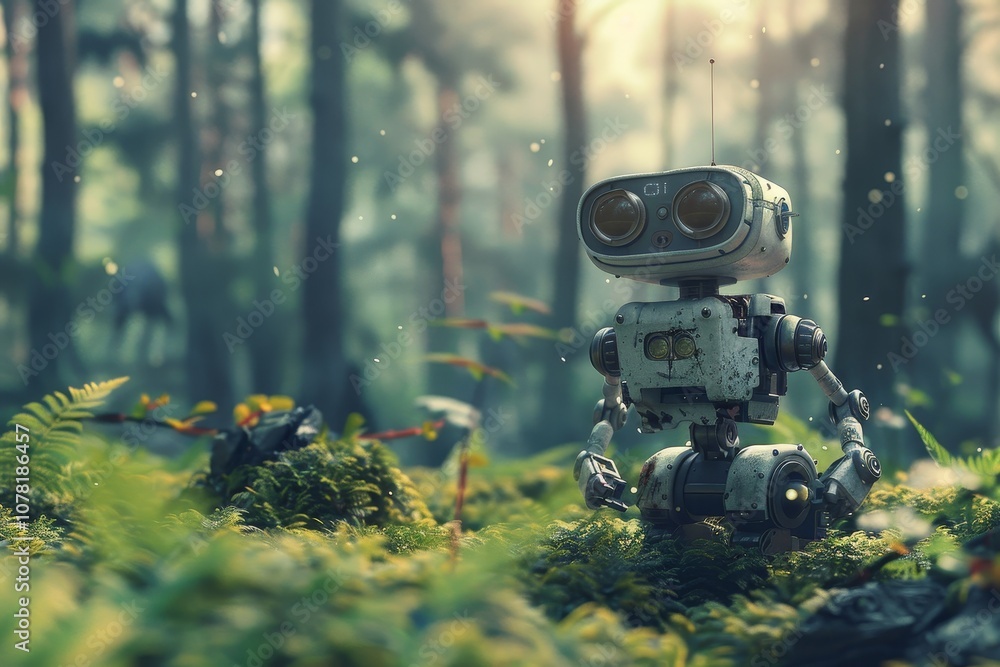 A Small Robot Exploring a Vibrant Forest Filled With Ferns and Soft Sunlight During a Serene Late Afternoon A Small Robot Exploring a Vibrant Forest Filled With Ferns and Soft Sunlight During a Serene Late Afternoon